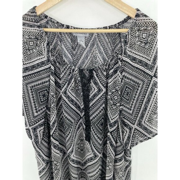 Catherines Plus Size Black & White Sheer Beaded Geometric Print Blouse 2x Boho - Picture 4 of 11